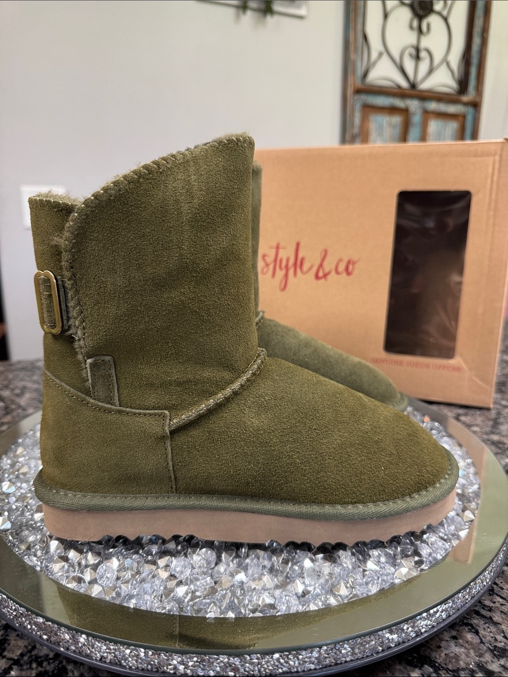 Style & Co. Olive Green Suede Shearling Ankle Boot NEW 6